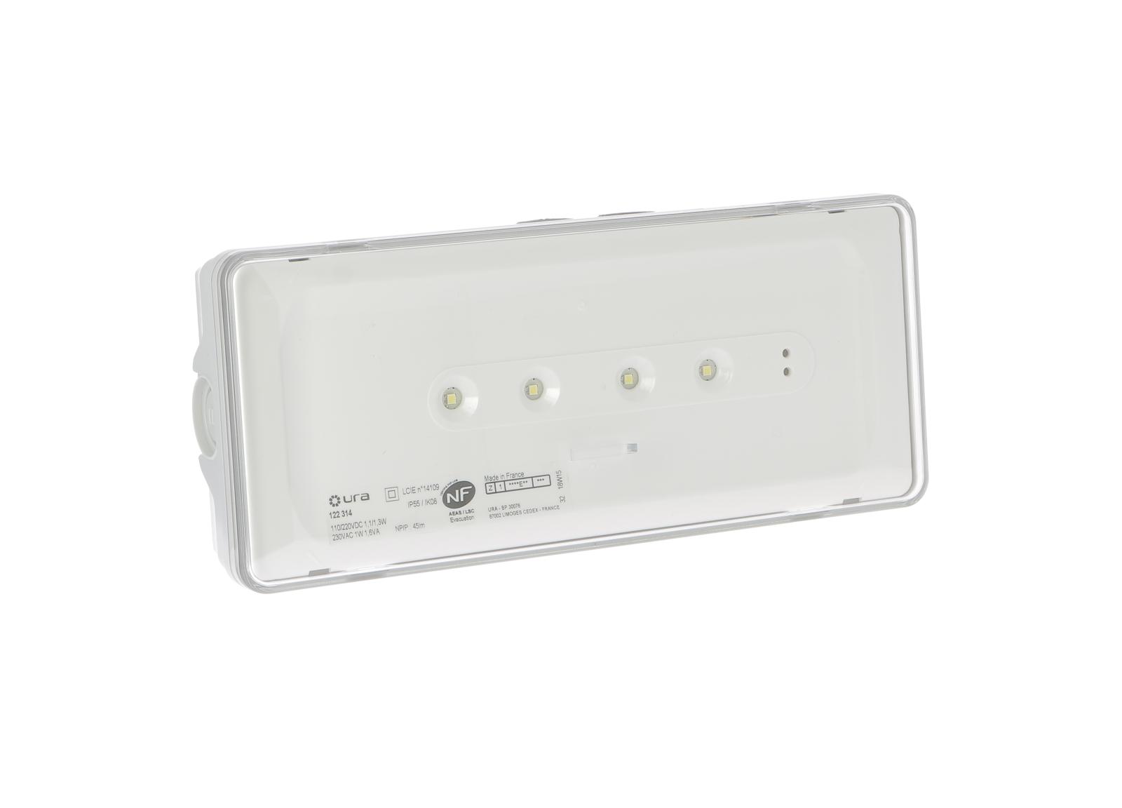 Luminaire pour Sources Centrales LSC d'évacuation 110V=/220V=/230V~ Urajet IP55 IK08 flux 45lm