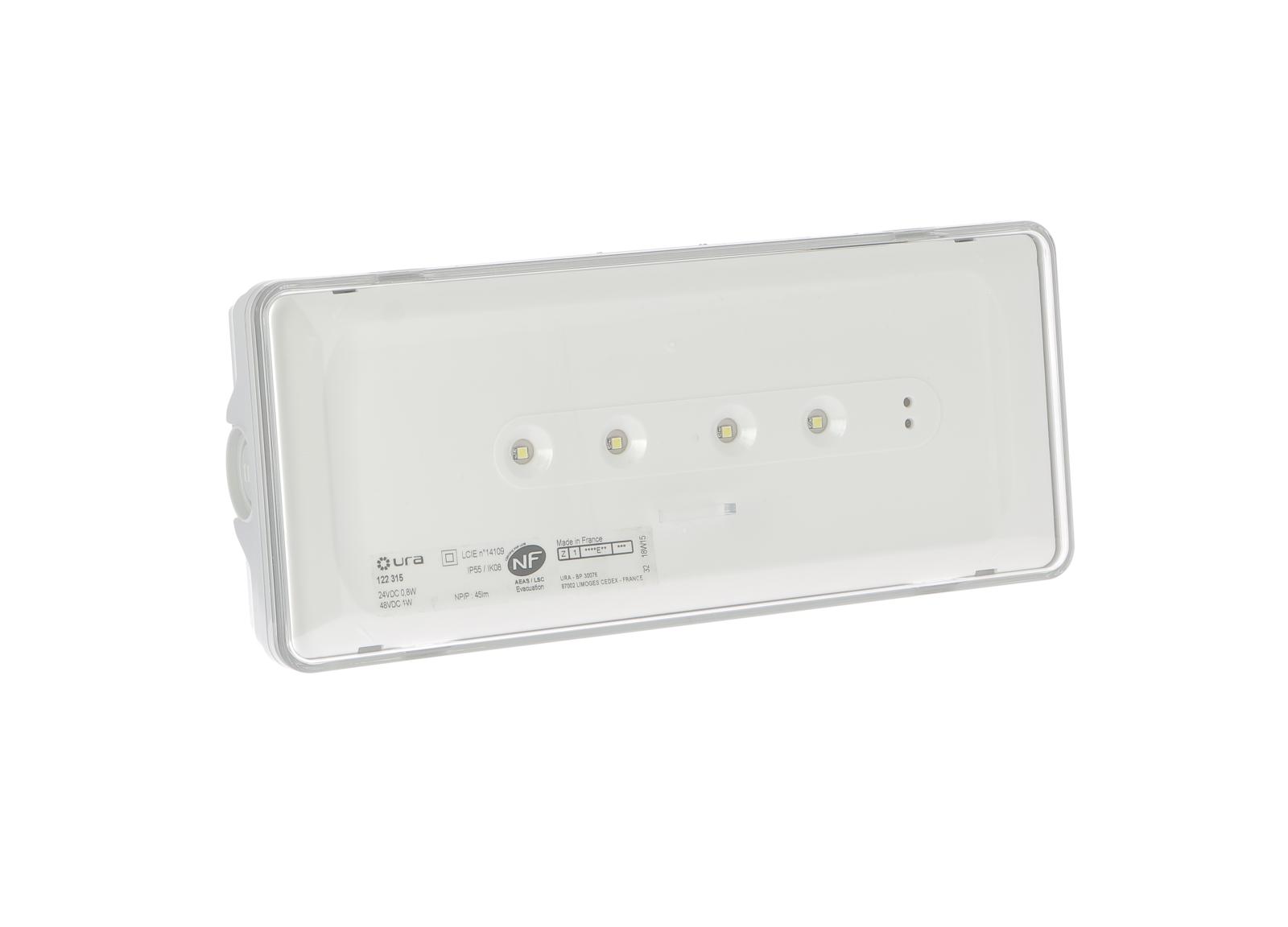 Luminaire pour Sources Centrales LSC d'évacuation 24V=/48V= Urajet IP55 IK08 flux 45lm